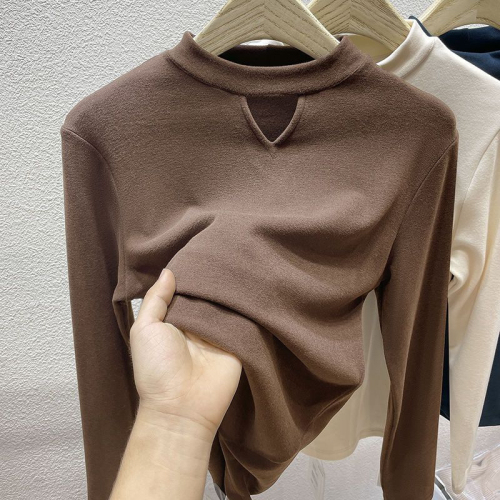 Double-sided German velvet half turtleneck brushed bottoming shirt for women autumn and winter hollow inner long-sleeved T-shirt for women