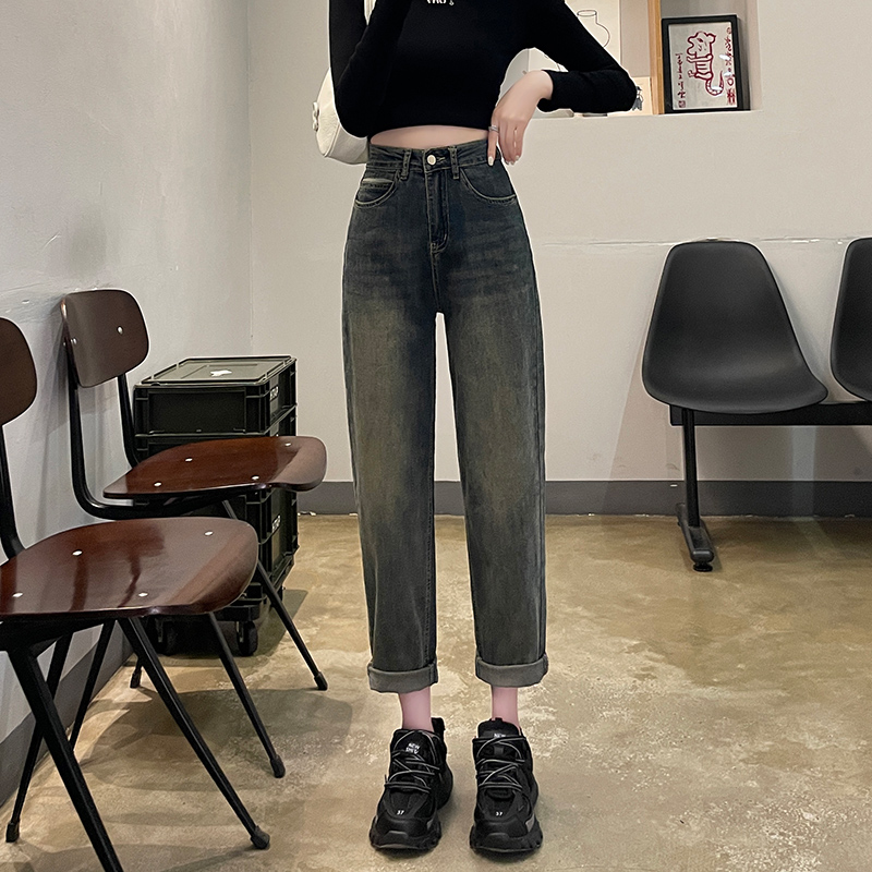 實拍2023秋季時尚潮流高腰寬鬆哈倫美式復古牛仔褲女