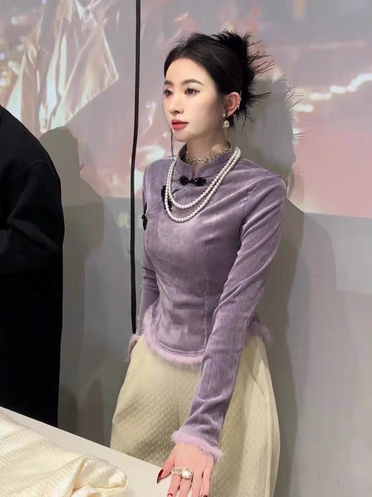 新中式雙面絨加絨打底衫長袖秋冬改良旗袍修身國風立領盤扣上衣