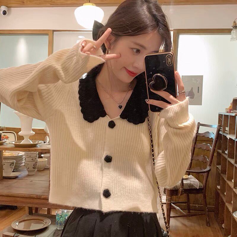 French lapel crochet contrasting color unique single-breasted pitted slim long-sleeved knitted cardigan sweater for women