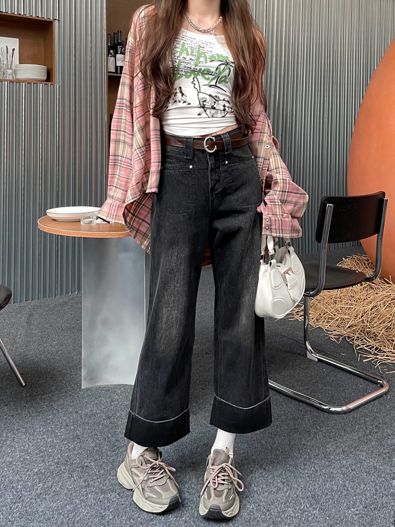 Actual shot#New black denim trousers for women with design cuffed straight wide-leg pants