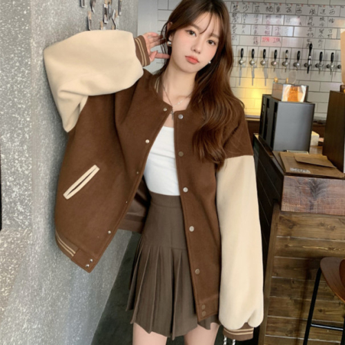 Longfeng nylon fabric spring and autumn jacket for women American retro casual contrast color splicing woolen baseball jacket