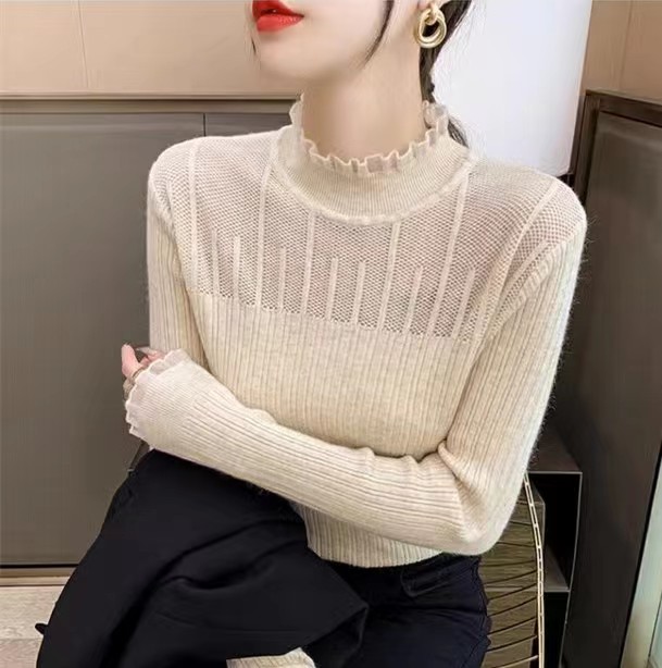 2023 new lace half turtleneck hollow knitted style bottoming shirt for women solid color autumn and winter new slim sweater
