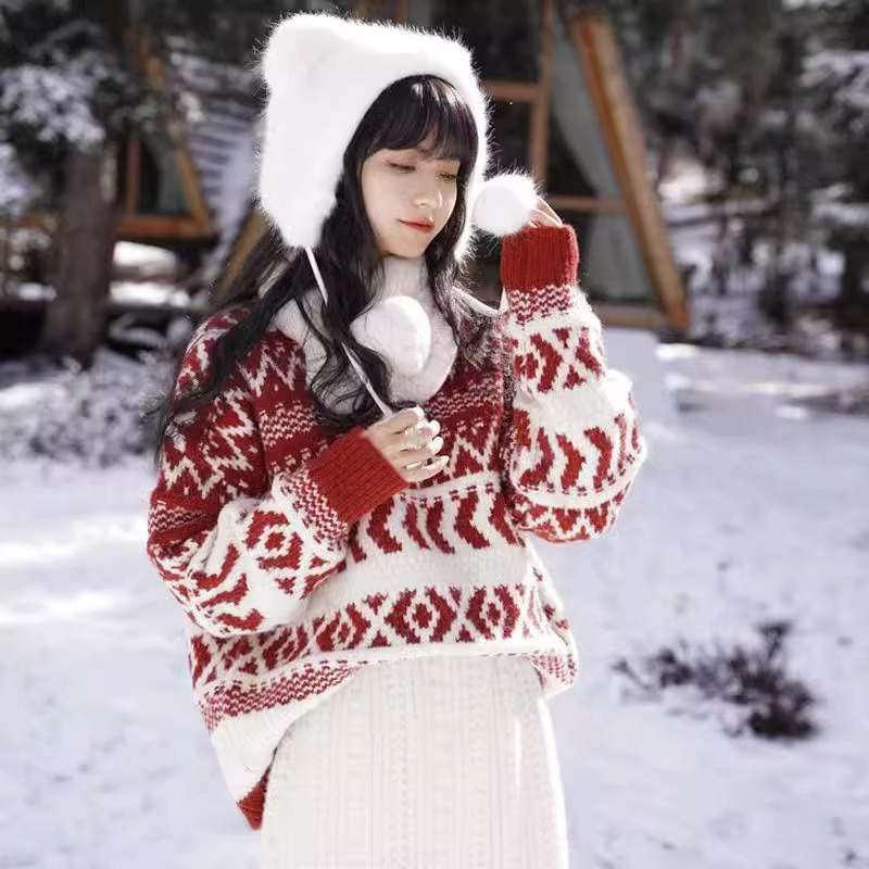 New Year Sweater Christmas Eve Round Neck Loose Lazy Christmas Red Sweater Jacket 2023 New Women's Autumn and Winter