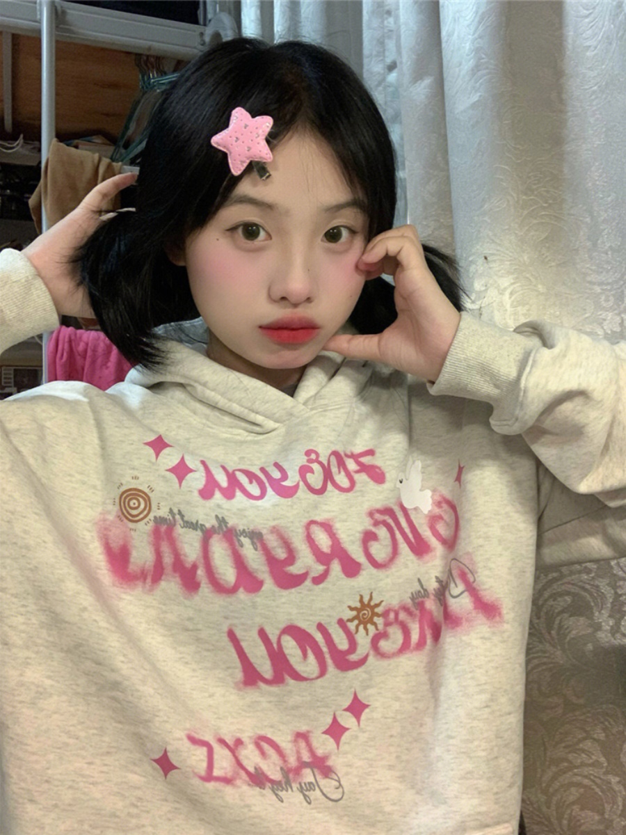100% pure cotton American trendy brand lettered velvet hooded sweatshirt for women in autumn and winter oversize lazy little jacket