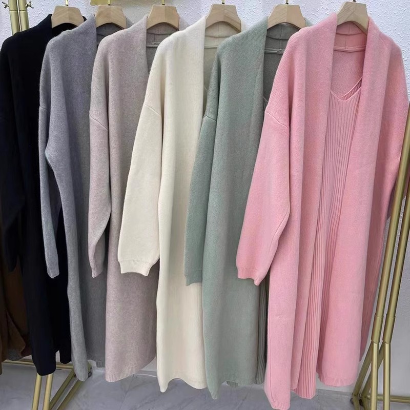 Temperament knitted dress women's 2023 new autumn and winter lazy style mid-length sweater cardigan jacket two-piece suit