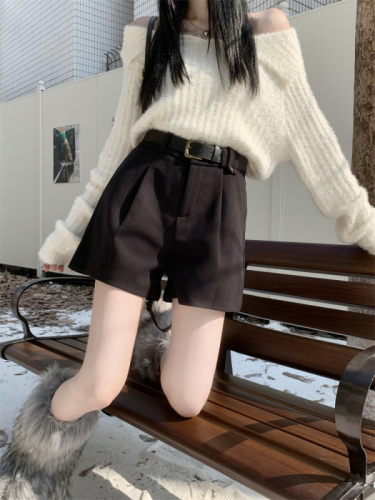 Actual shot ~ Woolen casual shorts for women, high waist slimming straight wide leg A-line boot pants for women