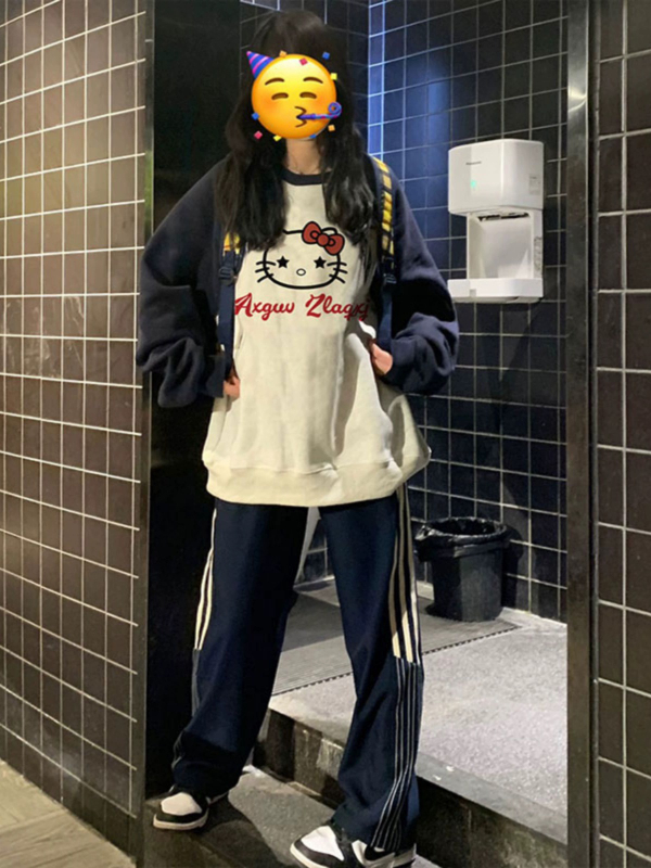 HelloKitty2023 new autumn and winter American velvet raglan round neck sweatshirt women's jacket oversize trendy
