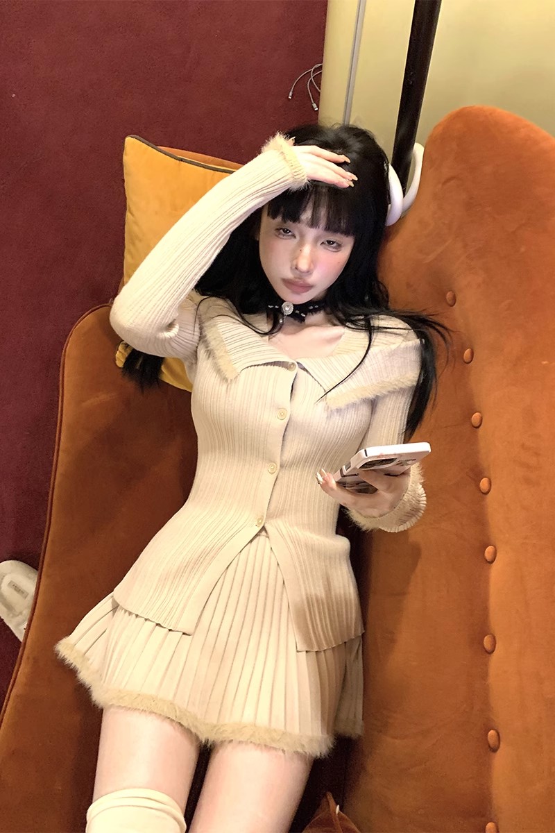 FunnJ方幾 受寵嗲嗲少女慵懶開衫毛衣套裝女高腰百褶半身裙兩件套
