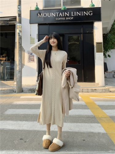 Actual shot of new autumn and winter style ~ round neck twist sweater dress for women Korean style loose long slit knitted dress