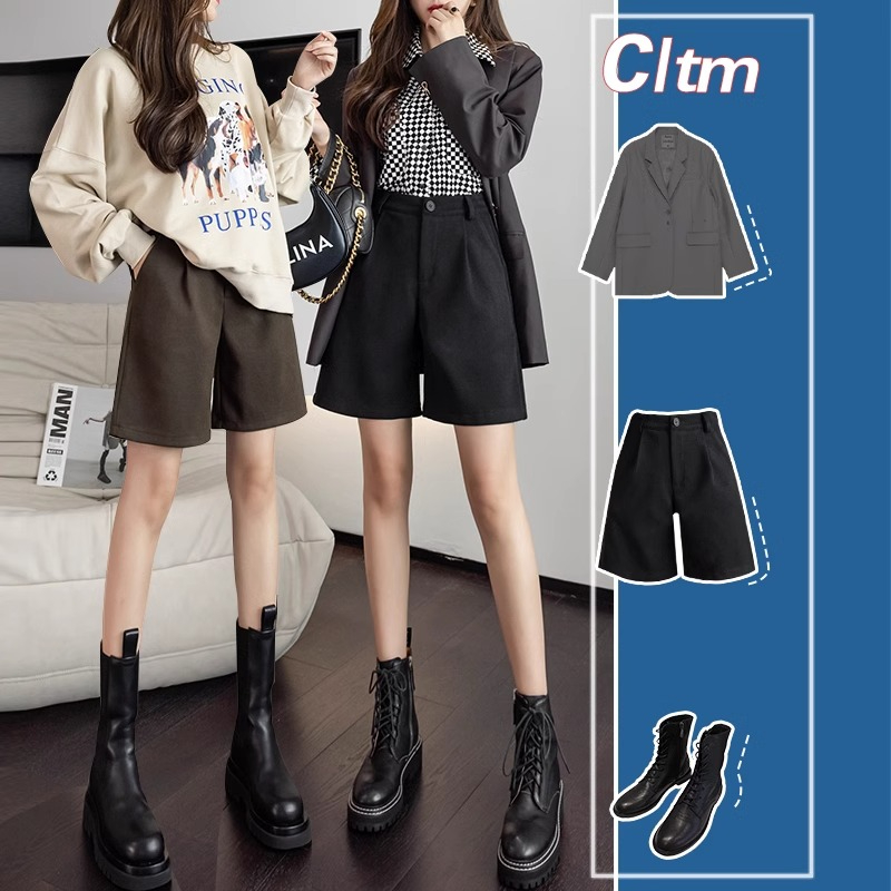 Woolen Shorts Women's Spring, Autumn and Winter Five-Fifth Pants 2023 New High Waisted Straight Leg Wide Leg Suit Pants Martin Boot Pants