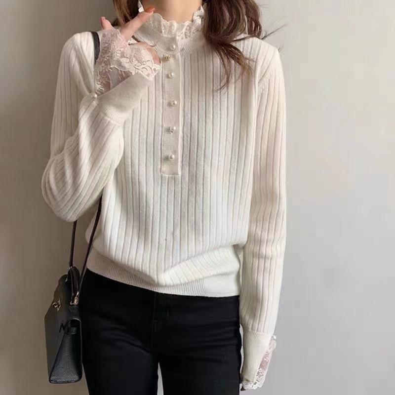 Lace half turtleneck knitted bottoming shirt for women 2023 autumn and winter new inner style versatile sweater short top for women