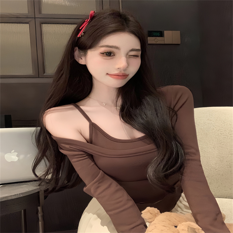 咖色假兩件吊帶T恤女秋冬長袖修身內搭上衣木耳邊緊身短款打底衫