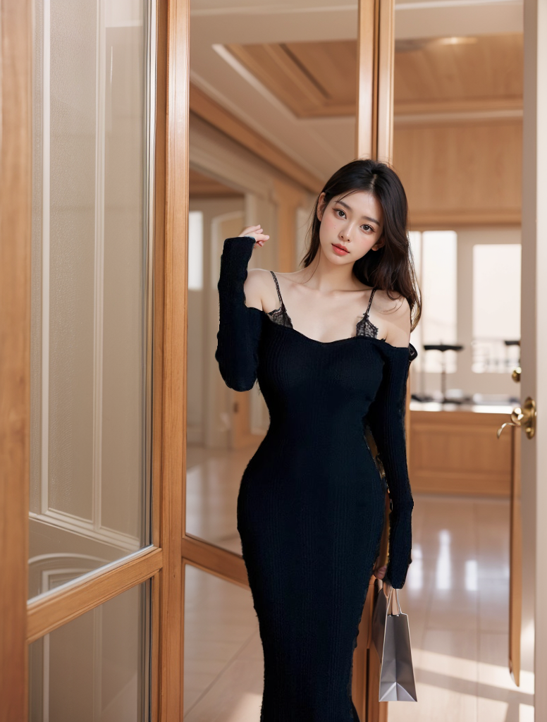 辣妹性感拼接假兩件吊帶連衣裙女秋季黑色中長裙長袖緊身包臀裙子