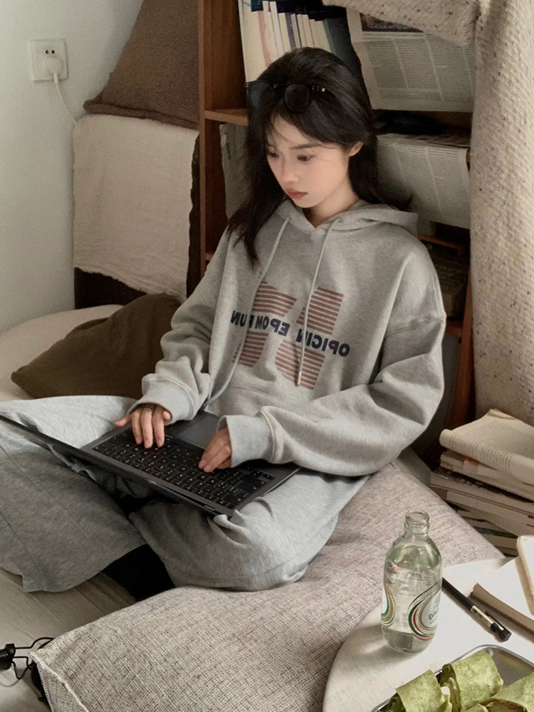 American retro heavyweight pure cotton gray hooded sweatshirt for women autumn and winter loose lazy style oversize jacket trendy