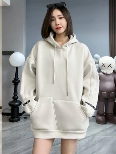2023 new autumn and winter European products, versatile, loose, slim, mid-length, drawstring hooded and velvet sweatshirt for women