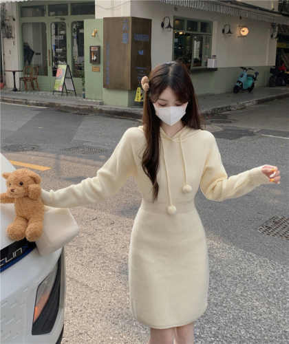Actual shot of the new autumn and winter style~Sweet fur ball hooded knitted skirt for women, Korean style, waist-cinching long-sleeved dress