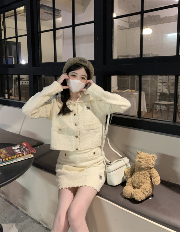 Actual shot ~ Xiaoxiangfeng suit for women, autumn and winter lapel short cardigan + high waist skirt two-piece set