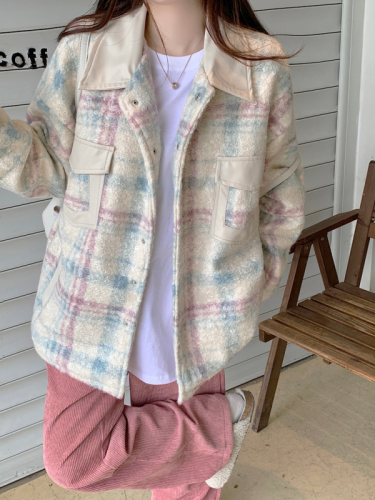 Real shot of autumn and winter  new double-layer inner plaid mid-length sweet and cool casual jacket coat top for women