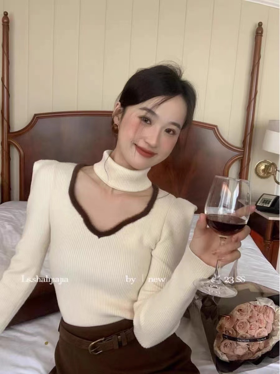 LS氣質方領掛脖直角肩毛衣打底衫女2023秋冬加厚復古修身針織上衣