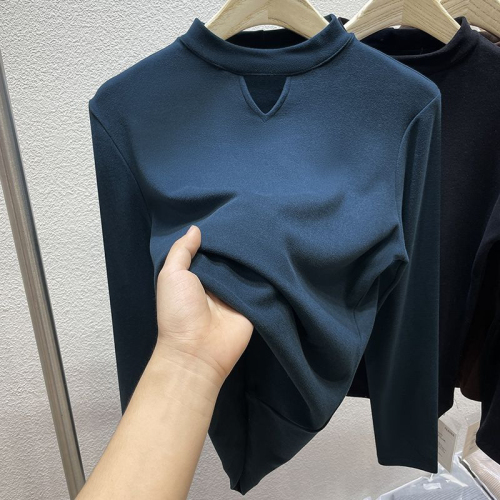 Double-sided German velvet half turtleneck brushed bottoming shirt for women autumn and winter hollow inner long-sleeved T-shirt for women