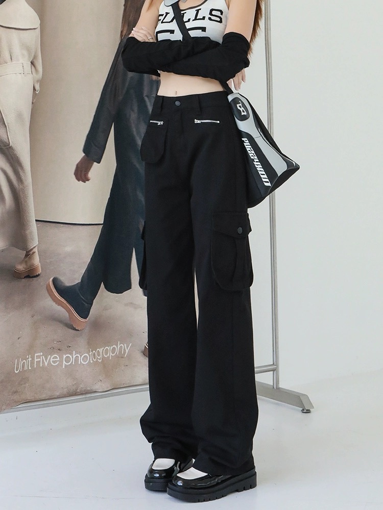 黑色工裝褲女直筒秋季甜辣妹美式vibe風春秋牛仔褲子ins高街潮