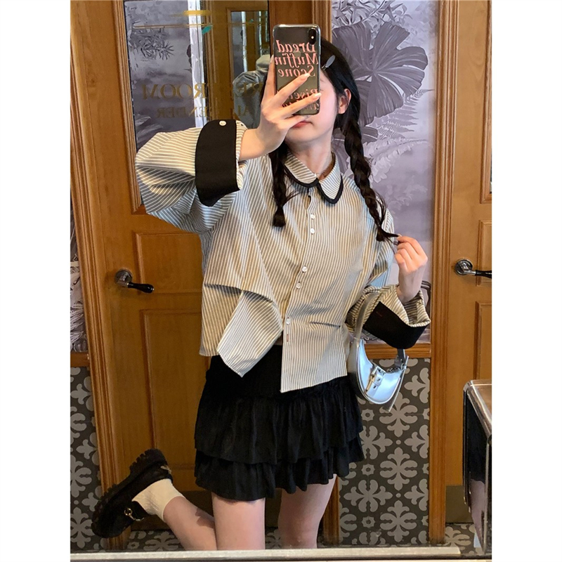 Retro small niche doll collar striped long-sleeved shirt women's autumn loose slim shirt short top