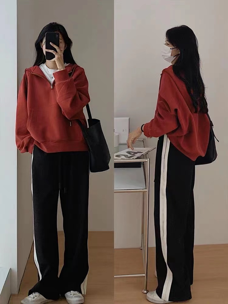 Autumn red lapel hooded sweatshirt women's design niche half-zip jacket spring and autumn oversize top