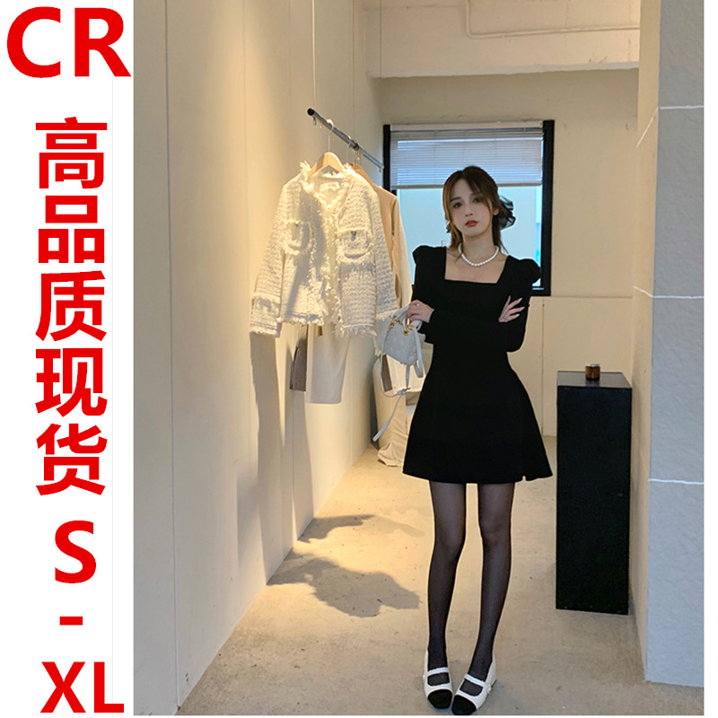鹿子瑤LUZIYAO千金小黑裙公主連衣裙女秋冬大衣內搭方領修身裙蓬