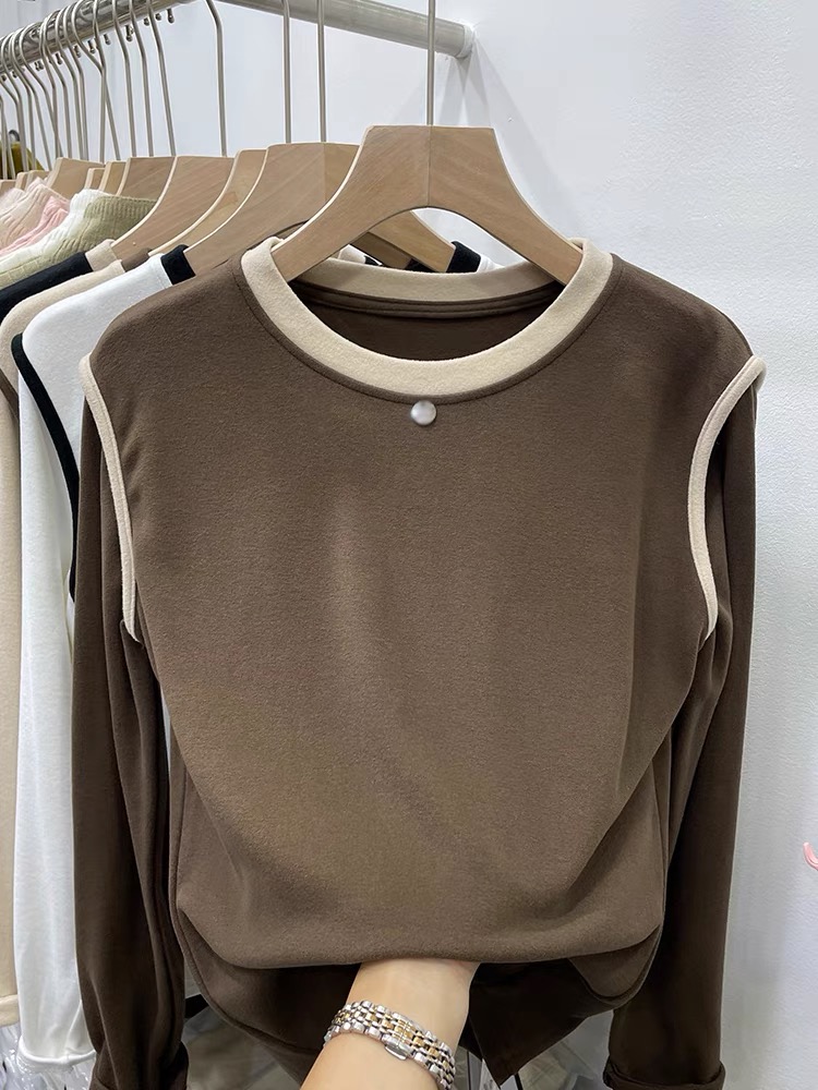 Contrast color round neck T-shirt long-sleeved women's tops 2023 winter design thickened warm inner layered velvet bottoming shirt trendy