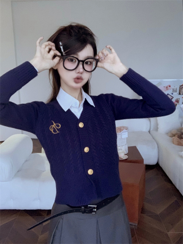 Real shot of long-sleeved knitted sweater cardigan Korean style design V-neck slim fit embroidered sweater jacket