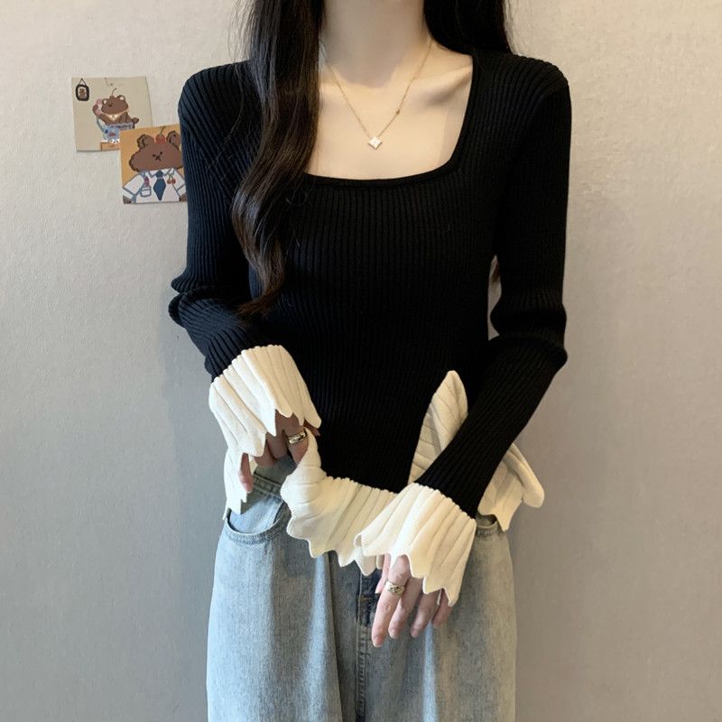 秋裝新款純欲風女裝胖mm甜辣妹不規則顯瘦針織衫修身方領上衣仿棉