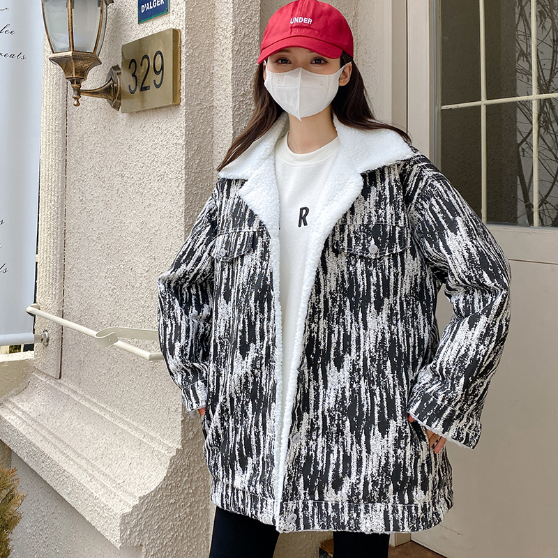 實拍~扎染棉服女秋冬新款復古寬鬆染牛仔外套加絨加厚棉衣潮
