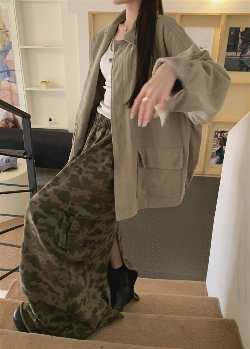 Actual shot of autumn and winter workwear lapel washed large pocket quilted thickened mid-length jacket