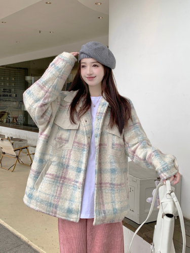 Real shot of autumn and winter  new double-layer inner plaid mid-length sweet and cool casual jacket coat top for women