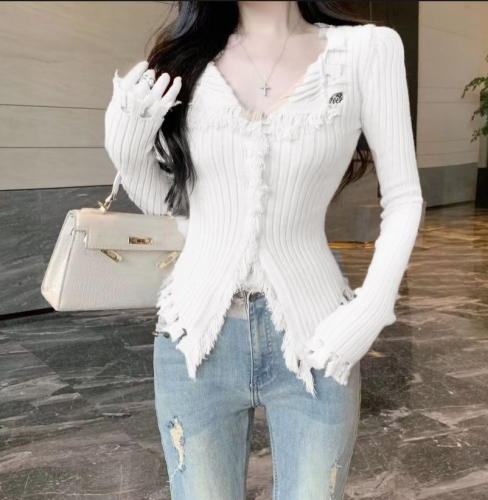 Tassel raw edge knitted cardigan jacket for women in autumn pure desire hottie v-neck top irregular bottoming shirt with sweater inside