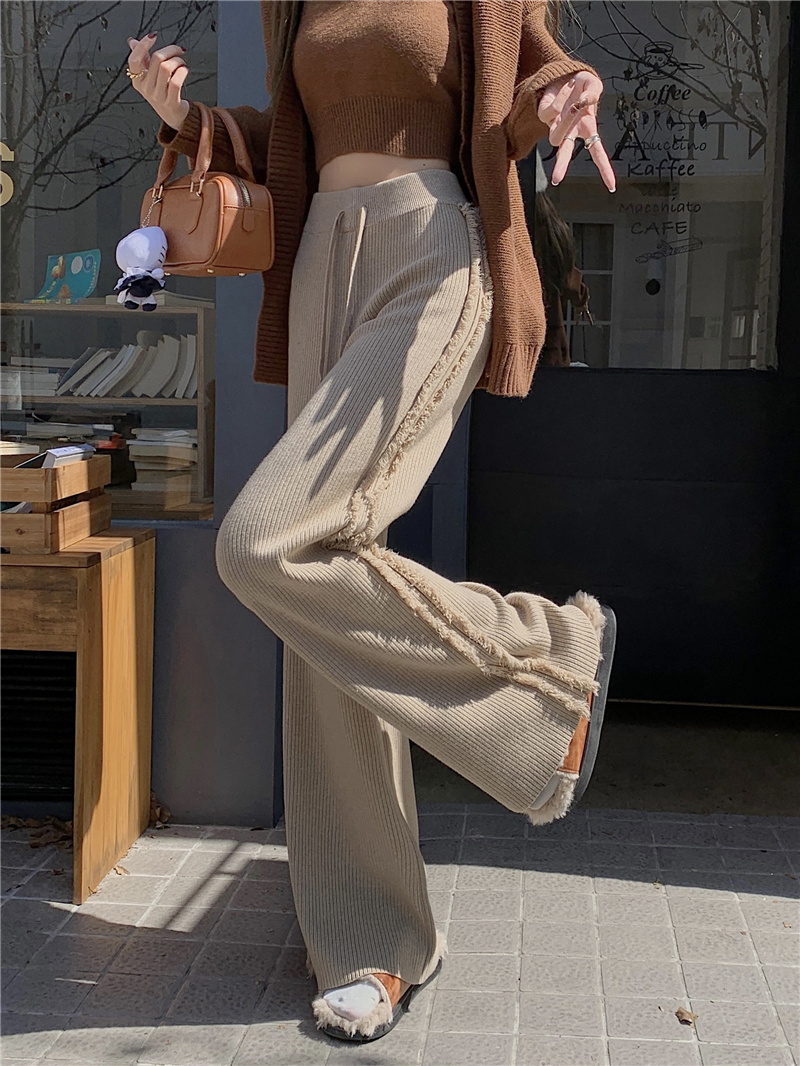 Actual shot~New high-waist side tassel thickened knitted straight wide-leg pants for women