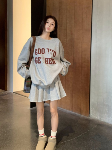 Official picture American retro sweatshirt for women autumn and winter  new round neck hoodless letter printed loose mid-length top