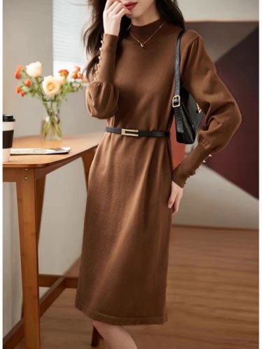 Royal Sister Style Solid Color Slim Knitted Dress Women's  Spring and Autumn New Style Simple Feminine Long Skirt