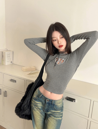 Real shot of waist-cinching love long-sleeved inner bottoming long-sleeved T-shirt short top