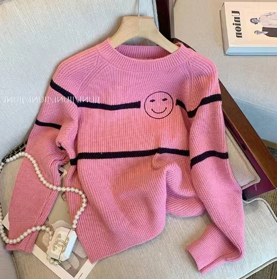 2023 new autumn style loose lazy style pink smiley face round neck pullover wool sweater high-end sweater for women