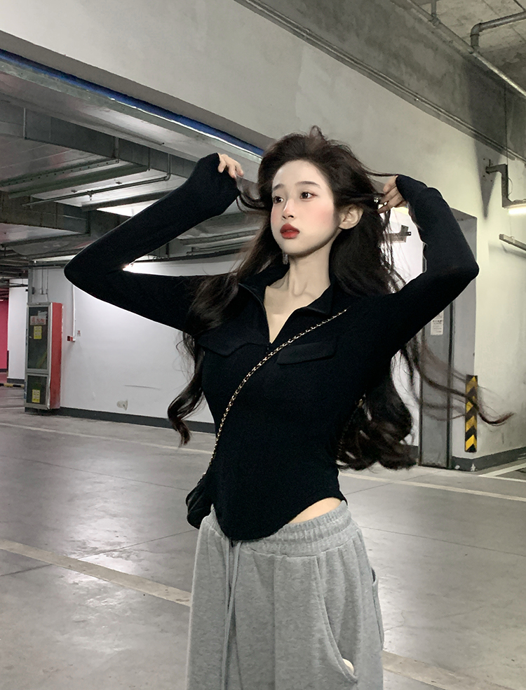 Actual shot~Spring and Autumn New Model Small Lapel Slim Fit Pure Sexy Style Long Sleeve T-Shirt