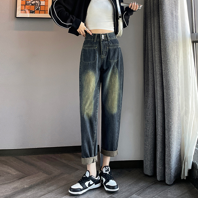 實拍2023秋季時尚潮流高腰老爹復古牛仔褲女