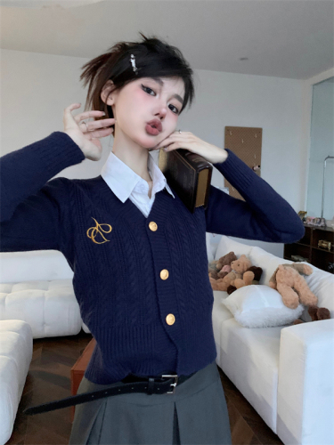 Real shot of long-sleeved knitted sweater cardigan Korean style design V-neck slim fit embroidered sweater jacket