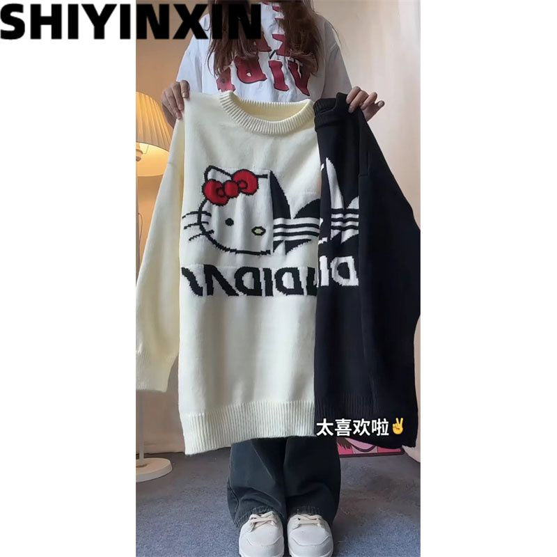 北極絨慵懶風卡通Kitty貓咪毛衣女秋冬日系加厚針織衫