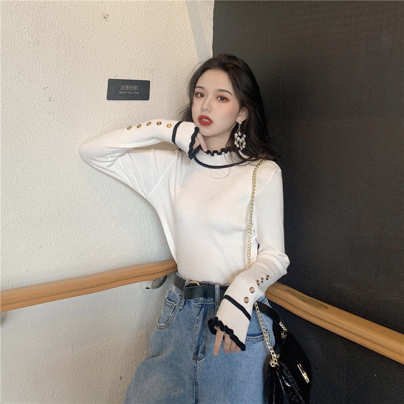 Retro fungus-edged half-high collar bottoming shirt with long-sleeved knitted sweater for women 2023 new slim top with core yarn