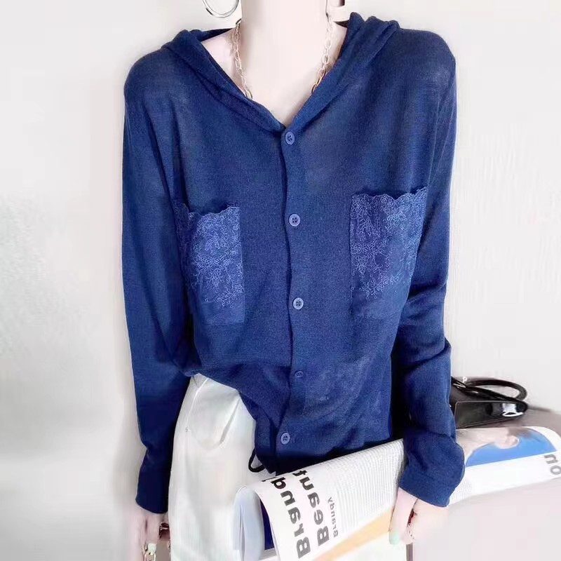 European Station 2023 Spring and Autumn Lace Double Pocket V Tie Hat Wool Cardigan Thin Outer Hooded Sweater Jacket