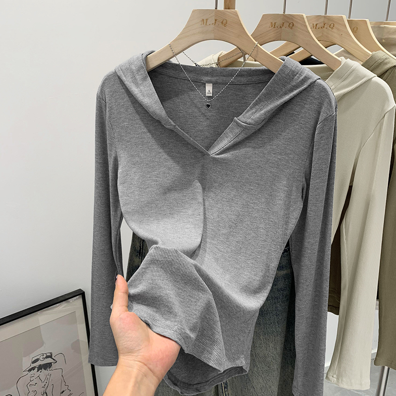 Actual pictures of basic threaded hooded V-neck long-sleeved T-shirt women's slim and versatile bottoming shirt