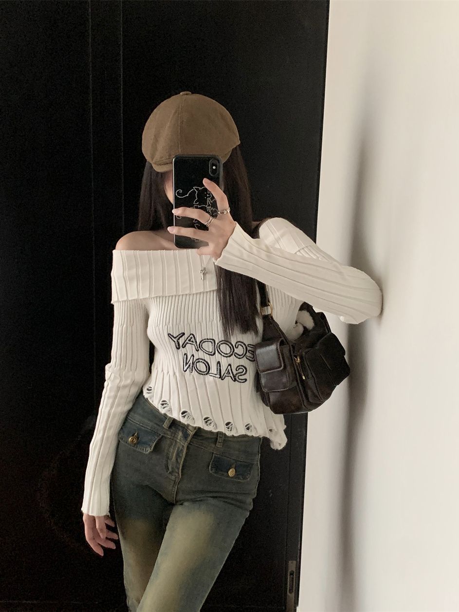Hot girl lettered one-line neckline off-shoulder long-sleeved sweater for women pure lusty ripped hole irregular top bract yarn dyed