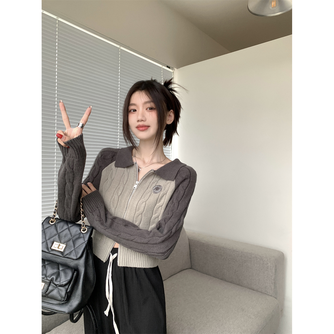 美式復古撞色POLO領毛衣女秋冬雙頭拉鏈插肩袖上衣針織衫仿棉洗水